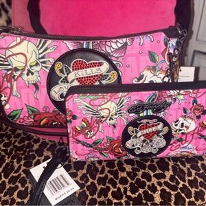Ed Hardy Pink Skull Graphic Clutch and Wristlet Set